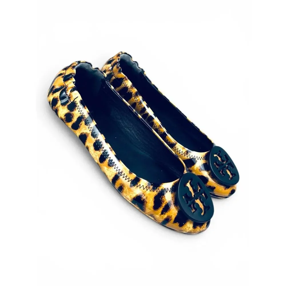 Tory Burch Minnie Travel Leopard Patent Leather Ballet Flats Logo Size 5